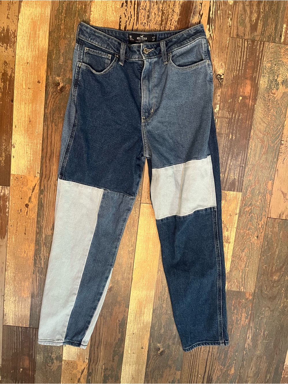 Hollister Two-Tone Patchwork Relaxed Jeans - Dark Blue & Light Blue